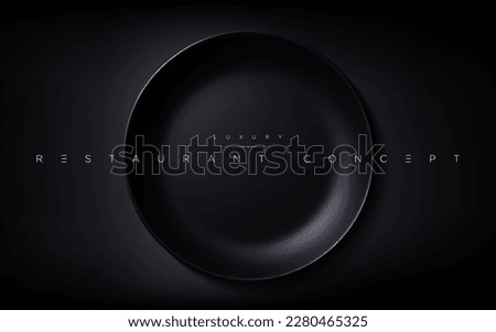 Isolated realistic luxury black round plate on the dark table. 3d elegant wallpaper for premium cafe, restaurant, fine dining, food brand, menu cover design etc… vector illustration