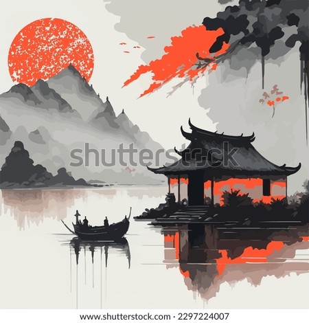 Chinese ink painting with temple, boat, lake and sun. 