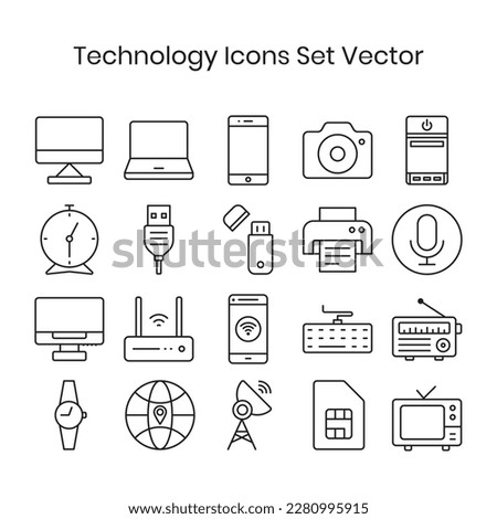 Electronics and Technology Icons Set Vector Outline Black and White Isolated Set Icons, Telecommunication Icons, Multimedia Icons, Internet Vector Illustration