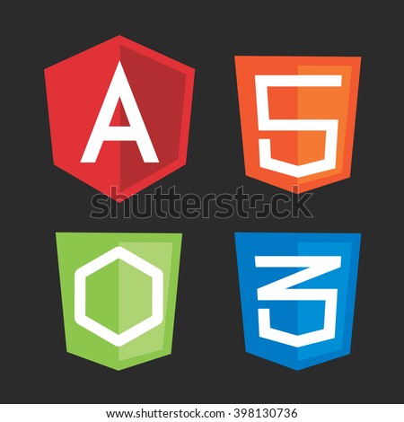 Computer js framework shields angular, node, css, html. Vector illustration for computer programming, code development