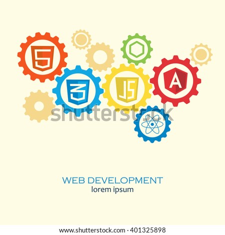 Web development in gears concept. Computer framework vector concept on web development and software for site building and design