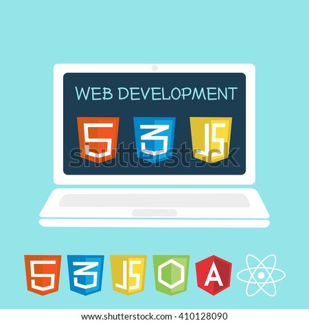 Web development on laptop screen. Vector illustration of software icons for site building, web development