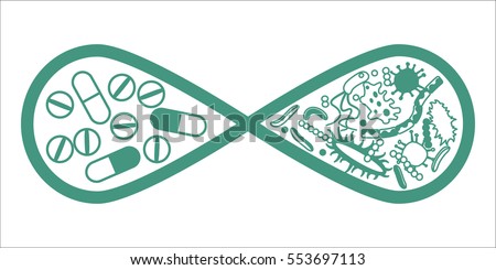 Drugs and bacteria in infinity symbol monochrome concept. Stock vector illustration of pills vs germs, superbug, antibiotics development for company identity in healthcare, medicine and biology.