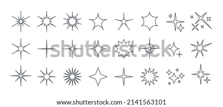 Minimalist linear stars icon, twinkle star shape symbols. Modern geometric elements, shining star icons, abstract sparkle line symbol vector set