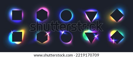 Black frames with blurred neon gradients, glowing geometric shapes with holographic light blur effect. Trendy vivid futuristic blurry square banner, colorful fluid gradient elements vector set