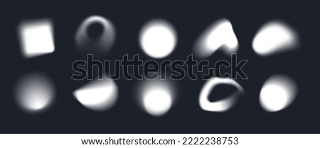 Abstract blurry shapes, white geometric forms with soft edges, blurry circles, fluid shape blurs. Various silhouette forms with blur effect on black background, modern graphic element vector set