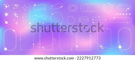 Modern minimalist aesthetic line elements on fluid gradient background, trendy linear frames with stars, geometric forms. Arch frame with sparkles for social media, simple decorative border vector set