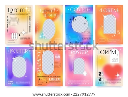 Trendy fluid gradient posters with linear forms and sparkles. Modern minimalist aesthetic print with blank arch frames and stars on colorful blurred gradient background, vector poster template set