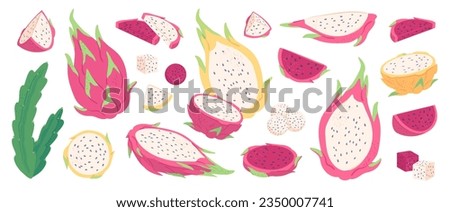 Fresh juicy yellow and red dragon fruit cubes and balls, ripe pitaya slices. Exotic cactus fruits, summer healthy organic food, vegetarian diet, whole and half dragon fruit vector set