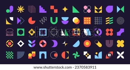 Brutalism shapes, abstract geometric forms, memphis geometric elements. Trendy minimalist basic figures, simple star, plants, lines and circles, modern swiss graphic design element vector set
