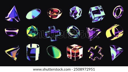 Neon gradient bitmap geometric 3D shapes, retro futuristic pixelated forms. Transparent color glass half sphere, cube and prism with dithering effect, abstract pixel art graphic element vector set