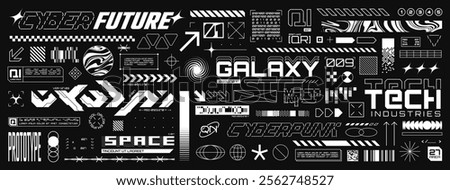 Retro futuristic streetwear element, cyberpunk aesthetic decals. Sci-fi inscriptions or stickers, techwear label template, acid forms and symbols, minimalist high tech graphic design assets vector set