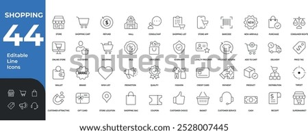 44 Shopping Line Editable Icons Set: choice coupon delivery distribution editable guarantee location online payment price product promotion purchase quality right sale service shopping store target