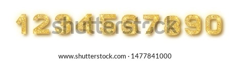 Gold glitter alphabet numbers set with shadow. Vector realistic shining golden font number 1,2,3,4,5,6,7,8,9,0 of sparkles on white background. For decoration of cute wedding, anniversary, party, lab