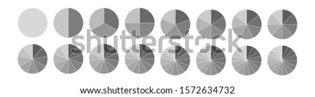 Fraction. Segmented circles set isolated on a white background.Big set, of wheel diagrams. Various number of sectors divide the circle on equal parts