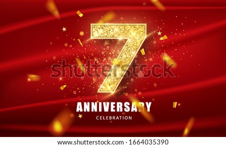 7 Golden glitter numbers and Anniversary Celebration text with golden confetti on red background. Seventh anniversary celebration event vector template.