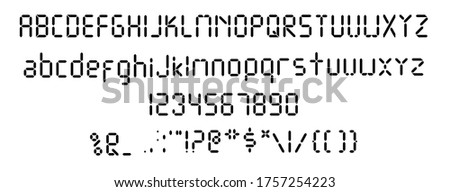Digital font. Vector template of black digital alarm clock letters and numbers. Calculator digital text. Letters set for a digital watch and other electronic devices