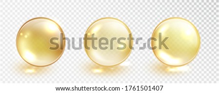 Gold oil bubble set isolated on transparent background. Vector realistic yellow serum droplet of drug or collagen essence. Vitamin translucent pill