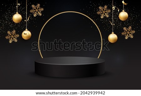Black podium for Christmas display on black background. Realistic black pedestal on  Christmas background. Dark background.