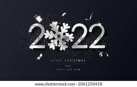 Silver 2022 Happy New Year background with snowflake. Black New Year background with wishes. Template for holyday design card, banner