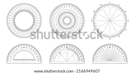 Protractor and Measuring Circle set. Angles measuring tool. Protractors scale 360 and 180 gradus. Actual size graduation