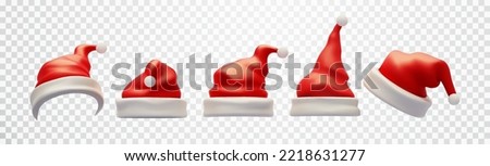 Santa Claus hat collection isolated on transparent background. Realistic set of red santa hats. New Year red hat