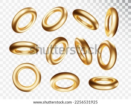 Gold Torus in various projections set isolated on transparent background. Gold realictick 3d primitives model for trendy design.