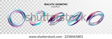 Holographic Torus in various projections on transparent background. Gradient holographic color realictick 3d torus model icons