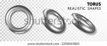 Geometric element in shape of silver 3d torus. Round realistick ring tor set isolated