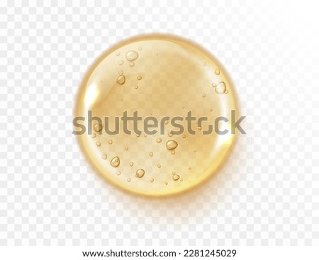 Serum gel texture isolated on transparent background. Gold serum drop. Realistic Liquid gel with bubbles.