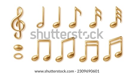 Gold music notes collection isolated. Vector 3d realistic icon collection