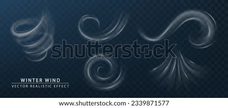 Winter wind blow, wind swirls isolated. Vector realistic symbol of fresh air, winter weather. Air flow wave effect set