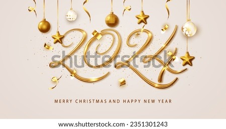 2024 New Year banner. Festive season with a Christmas and New Year banner adorned with 3D gold 2024 numbers and hanging ornaments. Vector illustration for winter holiday decorations.