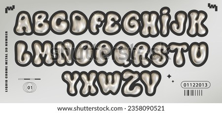 Chrome Y2K font, featuring a glossy liquid metal effect. Trendy 3D alphabet aesthetic techno letters, numbers, and abstract shapes with mercury glossy vector appearance