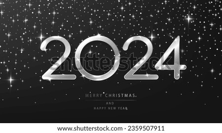 Silver 2024 for Christmas and Happy New Year fo festive season. Holiday vector illustration witch metallic 2024 numbers on a black glittering background, adding touch of elegance and celebration.