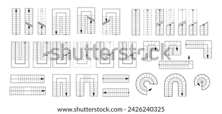 Drawing stairs of plan. Detailed architectural drawing collection stairs in different forms. Top view. Isolated set