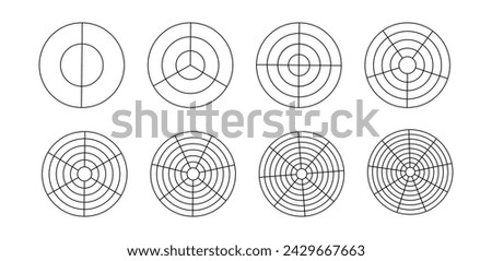 Polar grid divided template set. Radar circular graph screen. Grid with concentric circles diagram chart.