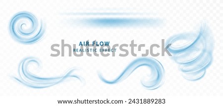 Blue air flow wave effect set. Waves showing a stream of clean fresh air. Isolated vector design element.