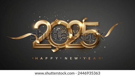 Happy New Year 2025 with elegant typography design template with gold realistic metal number. 2025 New Year celebration for premium