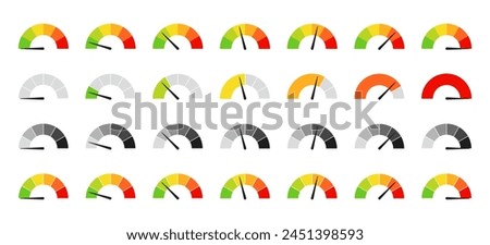 Meter Level. Speedometer, gauge meter template. Scale, level of performance dial indicator. Infographic of risk, gauge, score progress.