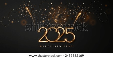 2025 golden on New Year dark background with fireworks. Celebration New Year's Eve. Golden fireworks on dark night sky