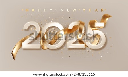 2025 Happy New Year with golden realistic ribbon. Banner for Christmas holiday.