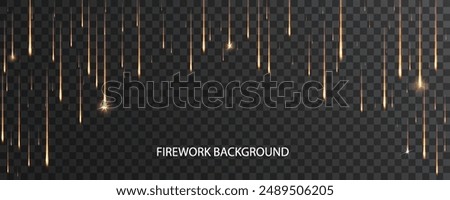 Star shower isolated on night sky background. Falling light of, meteors, comets, asteroids, sparkling and flickering golden particles.