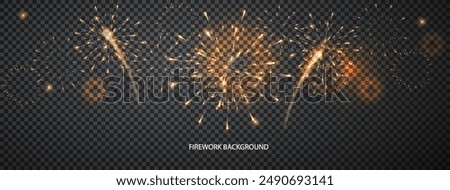 Holiday Firework Vector horizontal greeting banner. Gold fireworks in night sky. Festive lights dark background with effect bokeh for design of holiday poster and celebratory flyer