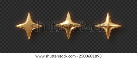 Golden four-pointed stars of various shapes. Christmas realistic design element. Realistic shining and glowing star ser. Y2k gold chrome icon