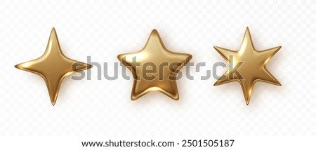 Golden star isolated. Christmas stars of various shapes. Realistic 3d metallic golden design element