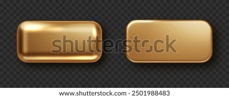 Gold rectangle button isolated. Golden design for empty emblem. Glossy golden metallic shape. 3D realistic vector shiny icon