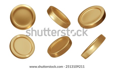 Gold coins 3d realistic vector in different angles isolated. Gold metal money.