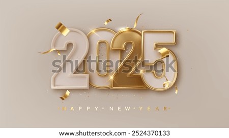 2025 New year. Holiday banner with numbers date 2025 Christmas decoration and confetti. Holiday greeting card design.