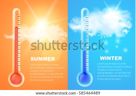 Thermometers icons with high and low temperature and realistic clouds with sun behind him . Vector concept  of hot and cold weather